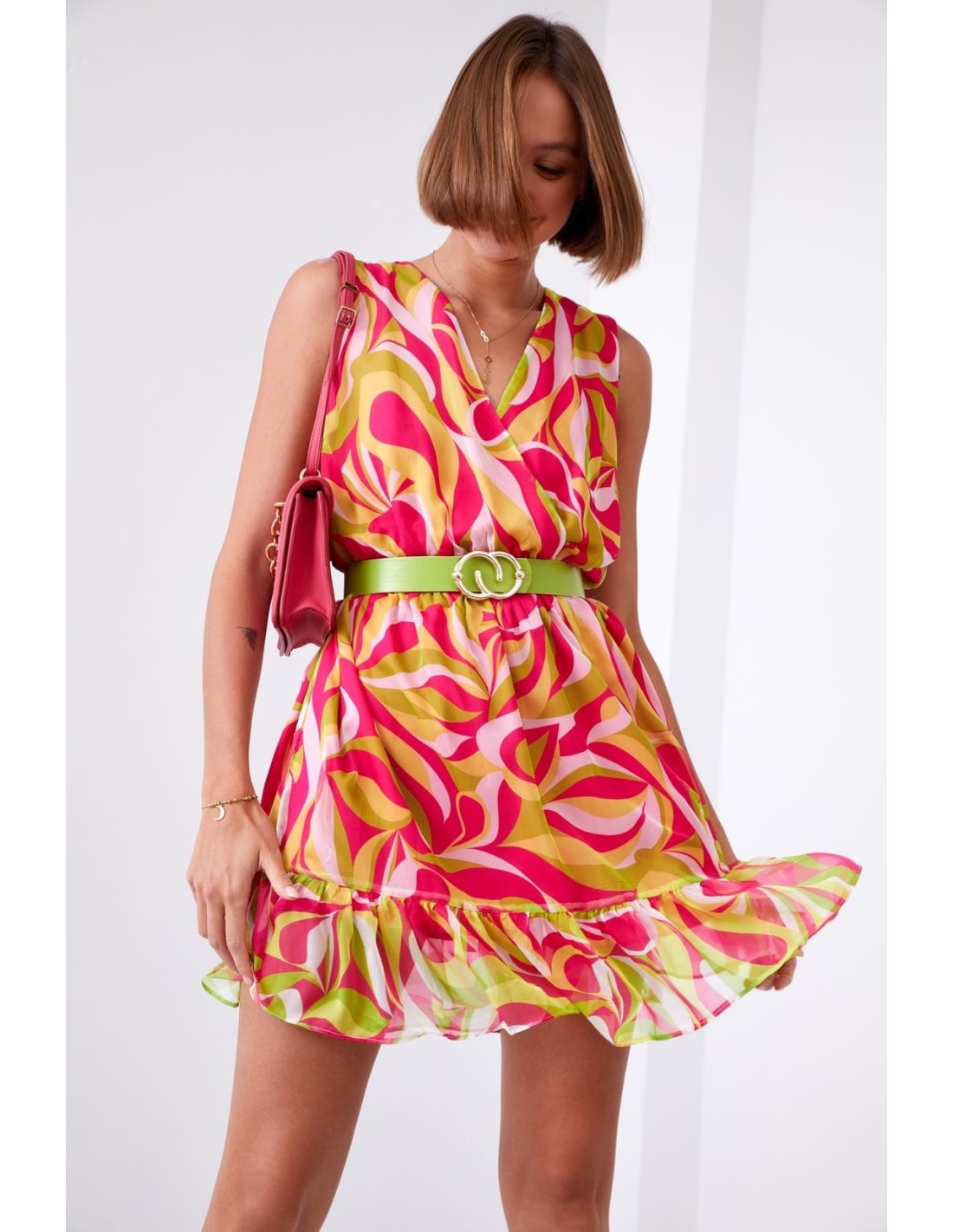 Light patterned dress with a belt, neon green and pink 03040 - Online store - Boutique